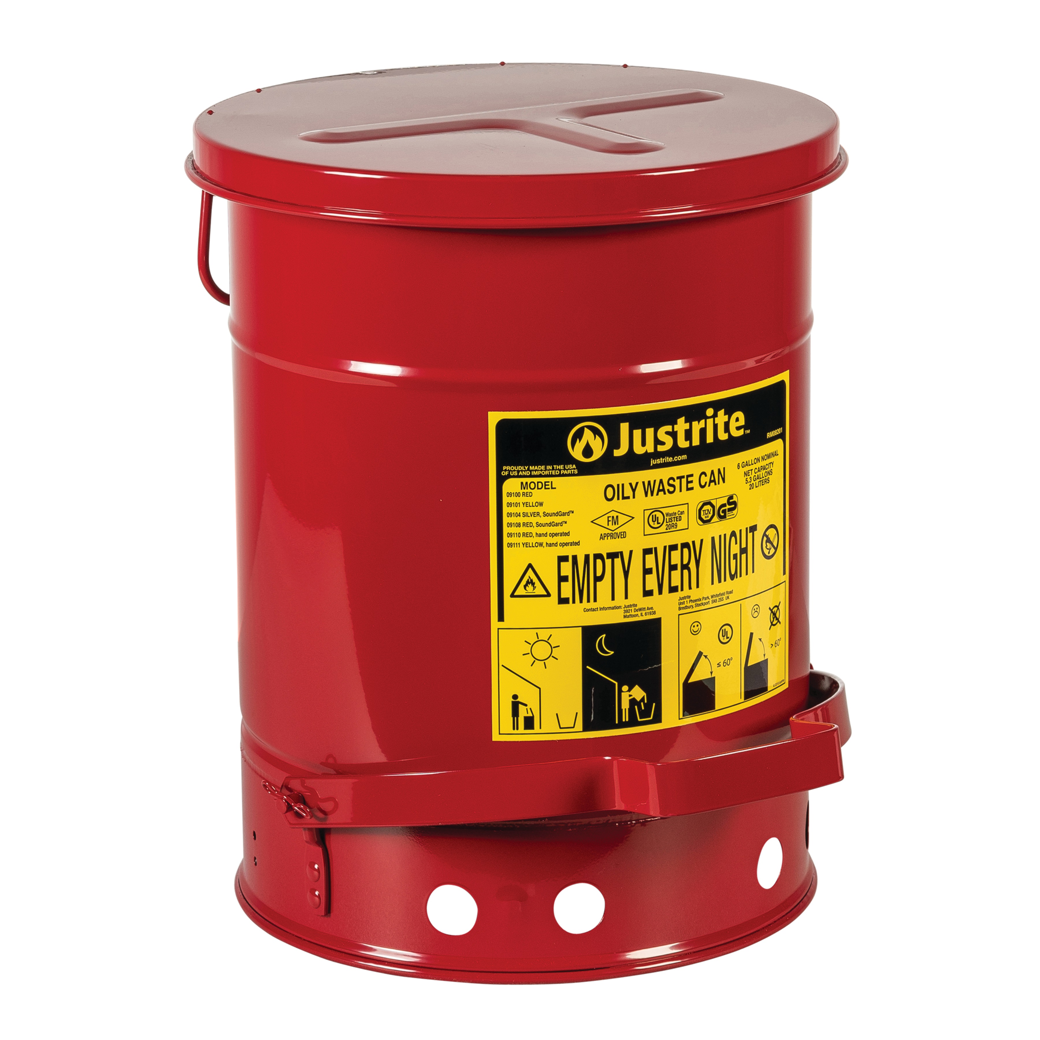 Justrite Oily Waste Cans - Red - Foot Operated - Spill Containment